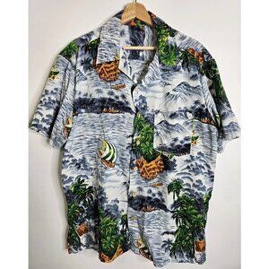 Vtg Roundy Bay Hawaiian Men Shirt L Blue Short Sleeve Button Up Palm Trees Surf
